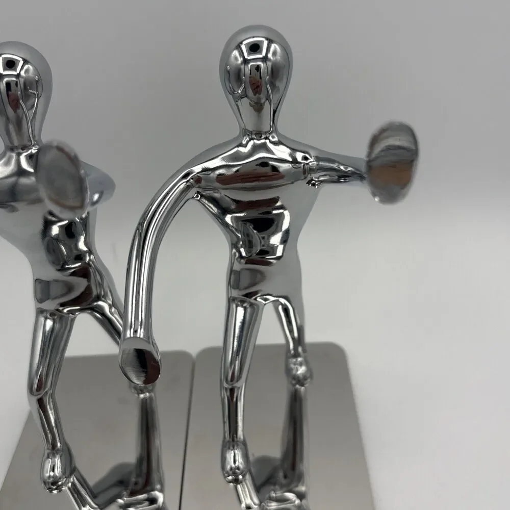 Pair of Pop Art Chrome Modern Man Abstract Figure Bookends Modernist Sculpture
